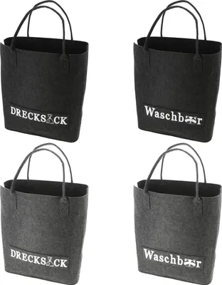 Produktbild von Wäschetasche aus Filz mit Spruch, in Grau und Anthrazit, 45 cm hoch, 40 cm breit, 25 cm tief