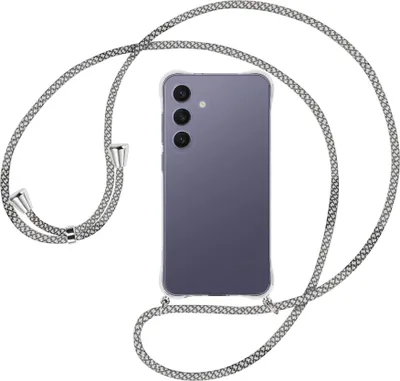 Produktbild von Handykette Backcover-Schutzhülle mit Band (Metall silberfarben) für Samsung S25 Plus - weiß/grau kariert