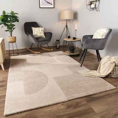 Produktbild von Teppich Kurzflor Geometrisch Wohnzimmer schmutzabweisend Creme Rechteckig 120x170 | 100% Polypropylen | Florhöhe: 12 mm | pflegeleicht, waschbar