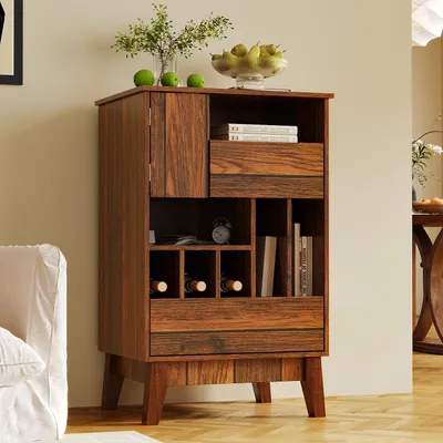 Produktbild von Kommode mit 7 Fächern und 2 Kleinen Schubladen, Vitrine mit Flaschenfächern und Türfach, Kleiner Aufbewahrungsschrank, Dunkelholz, MDF, 50 × 80 × 40cm
