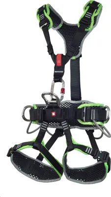 Klettergurt "Thor 2Q" von Ocun in Schwarz mit grünen Akzenten; ausgestattet mit mehreren Schnallen und Karabinern.
