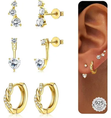Produktbild von Ohrringe Set 3 Paar Silber/Gold 925 Creolen Ohrstecker für Damen Mädchen stapelbar