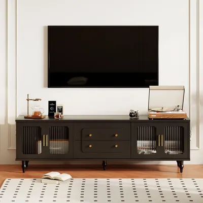 Produktbild von Lowboard, TV-Möbel im Retro-Stil: goldene Griffe, viel Stauraum. Mit Glastür und Beinen aus Massivholz