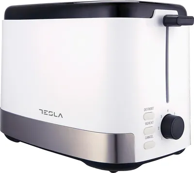 A white Tesla toaster with a black top and silver trim.