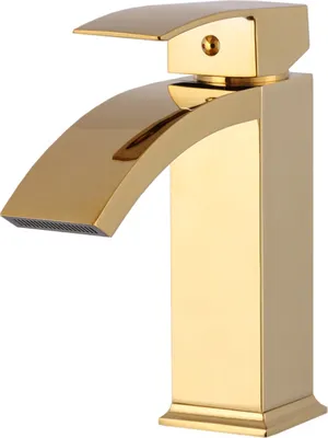 A close-up studio shot of a gold-colored faucet.