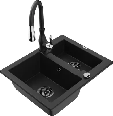 Produktbild von Mexen Carlos 1,5-Becken-Granitspüle mit Mischbatterie Savita, Schwarz - 6518-77-672601-70-B
