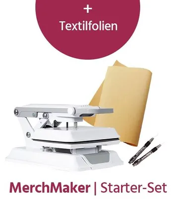 Produktbild von Plottermarie Transferpresse MerchMaker DinA4 Starter Set inkl. Textilfolien & Zubehör – Transferpresse, T-Shirts, Flexfolie, Flockfolie, DTF