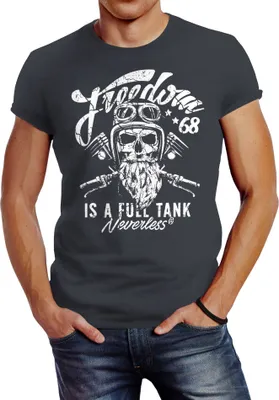 Produktbild von Herren T-Shirt Biker Motorrad Motiv Freedom is a full Tank Skull Totenkopf Slim Fit Neverless® dunkelgrau 3XL
