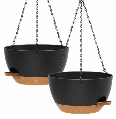 Produktbild von 2er Set Selbstbewässernde Blumenampel (25,4 cm) – Hängetopf für Innen und Außen – Mit Wasserreservoir und Drainage – in Schwarz und Braun
