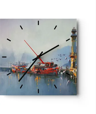 Produktbild von Wanduhr - Quadrat - Glasuhr - Hafen Laterne Boot - 30x30cm - Schleichendes Uhrwerk - Lautlos - zum Aufhängen bereit - Dekoration Modern - Wanddekoration aus Glas - C3AC30x30-3710