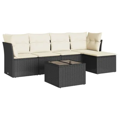 Produktbild von Modulares 6-tlg. Garten-Lounge-Set, Poly Rattan Schwarz, mit Stauraum, Hartglas-Tisch, Cremeweiße Kissen, UV-beständig