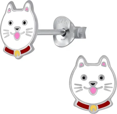 Produktbild von Kinderohrstecker: Mädchen Ohrringe Silber „Katze“ Weiß