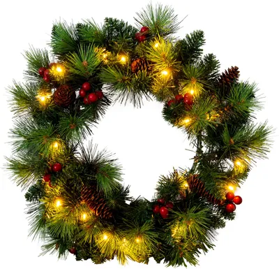A Christmas wreath with pine needles, red berries, pinecones, and LED lights.