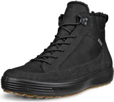 A black leather boot is shown against a white background.