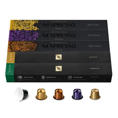 A product shot of Nespresso coffee capsules in their packaging, with individual capsules displayed in front.