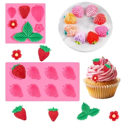 Immagine prodotto di 2 stampi in silicone a forma di fragola, color rosa, per torte e cupcakes