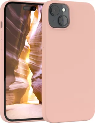 A pink iPhone case is shown with a landscape image on the phone screen.