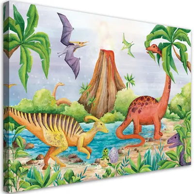 Produktbild von Leinwandbild Dinosaurier am See 120x80 Feeby Blau bild für die wand bereit zum aufhängen