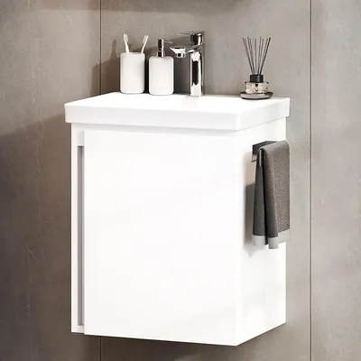 Produktbild von Waschtisch mit Unterschrank 50 cm, weiß | inkl. Waschtischarmatur chrom, Badmöbel Set für Gäste Bad und WC, hängend