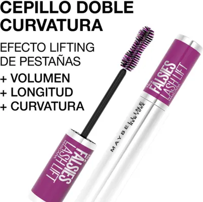 A product shot of mascara with text describing its features.