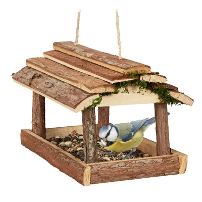 Image de Mangeoire Relaxdays en bois, avec écorce et mousse, à suspendre, dimensions : 19 x 21 x 23 cm, pour petits oiseaux, couleur naturelle
