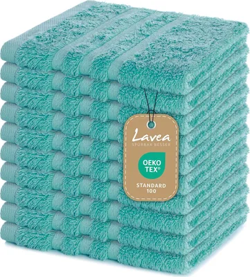 Produktbild von Lavea® 10er Set Seiftuch 30x30 cm – Hochwertige Gästehandtücher 30x30 aus 100% Baumwolle, Elena – Saugstark, Waschbar und Strapazierfähig - Türkis