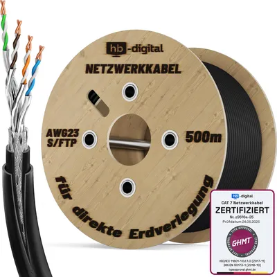 Produktbild von hb-digital CAT 7 Erdverlegekabel Doppelmantel S/FTP PVC + LLDPE AWG23 Außenbereich 500m