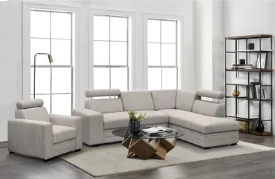 Produktbild von Ecksofa mit Sessel Roma modernes Eckgarnitur mit Sessel Schlafecke mit Bettkasten Kopfstützen, Stoff: vardo 04 - beige, Ottomane: rechts