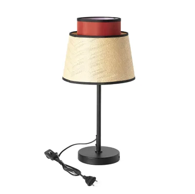 Image de Lampe de table Alpinaluz en métal et rotin, lampe de table noire avec double abat-jour naturel et rouge, lampe de chevet E27 pour chambre à coucher et