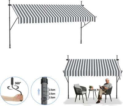Obrázek produktu pro XMTECH 250x120cm upínací markýza, markýza se sklopným ramenem balkonová markýza bez vrtání upínací markýza s ruční klikou výškově nastavitelná, šedobíle pruhovaná