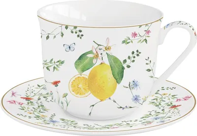 Produktbild von Tasse mit Untertasse FLEURS ET CITRONS Zitronen 370ml aus Porzellan Easy Life