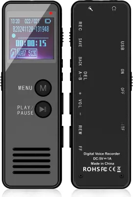 Zdjęcie produktu dla Cyfrowy dyktafon o pojemności 64 GB z funkcją rozpoznawania mowy, mini dyktafon, urządzenie nagrywające z wyświetlaczem, cyfrowy dyktafon Hi-Fi z formatami MP3/WAV, dyktafon do wykładów i konferencji