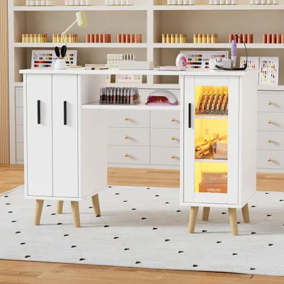 Obrázok produktu pre TWSOUL pracovný stôl na nechty s LED osvetlením - drevený manikúrový stôl s 2 výsuvnými skrinkami, 3-úrovňová policová skrinka