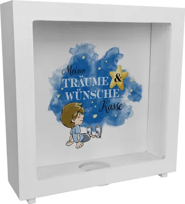 Produktbild von Rahmen Spardose aus Holz mit kleinem Jungen und Spruch - Meine Träume & Wünsche