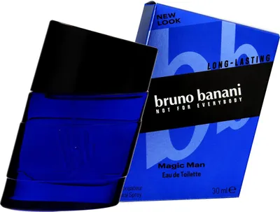 A blue bottle of Bruno Banani Magic Man Eau de Toilette and its packaging.