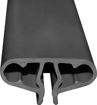 A close-up, cross-section view of a gray plastic profile rail.
