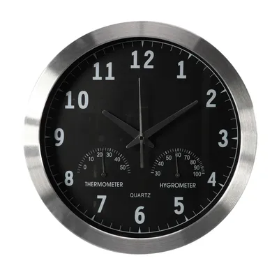 Produktbild von Perel Analoge Wanduhr 35,5 cm mit DCF-Zeitsynchronisation, Thermometer und Hygrometer, gut