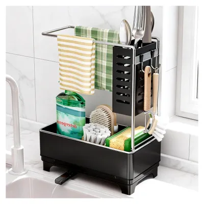 Produktbild von Küchenorganizer für das Spülbecken, Schwarz mit Abflusspfanne und Lappenhalter