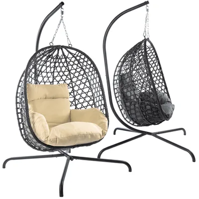 Produktbild von Dimono Hängesessel mit Gestell Beige Polyrattan Hängekorb Sessel Schwebeliege In- & Outdoor Relax-Stuhl bis 120 kg für Garten & Terrasse