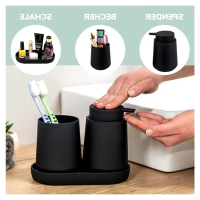 Produktbild von Badezimmer-Set TESERO mit Soft-Touch Oberfläche, Bad-Accessoires Set 3tlg. bestehend aus 1x Seifenspender, 1x Becher und 1x Schale, ideal für Badezimmer und Küche aus Kunststoff (Schwarz)