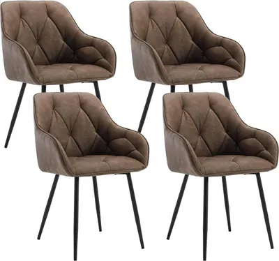 Four brown dining chairs with black legs are arranged in a grid against a white background.