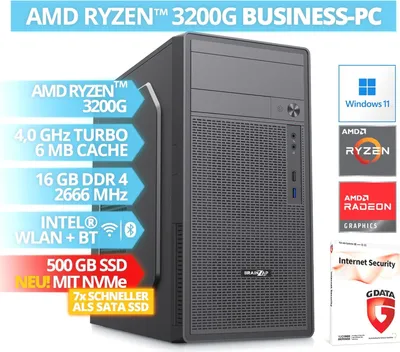 Obrázek produktu pro BRAINZAP AMD Ryzen 3 3200G čtyřjádrový kancelářský/firemní počítač, 16 GB DDR4 RAM, 500 GB NVMe SSD, WLAN, BT Bluetooth, Windows 11