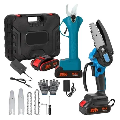 Produktbild von Traumheim 21V Akku-Kettensäge 4/6 Zoll & Akku-Astschere 25 mm, Mini-Kettensäge Set mit 2 Akkus, Ladegerät & Zubehör für Gartenarbeiten