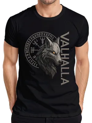 Produktbild von Valhalla Wikinger Wolfskopf Runen Nordische Mythologie Fenrir Herren T-Shirt, Schwarz, S