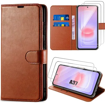 Image de Coque + 2 Verres Trempés pour Samsung Galaxy A37 5G, Cuir Synthétique Antichoc Anti-Rayures Marron