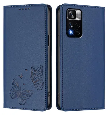 Image de Étui en cuir pour Xiaomi Redmi Note 11 Pro+ 5G, motif papillon, étui à rabat avec porte-appareil, bleu foncé