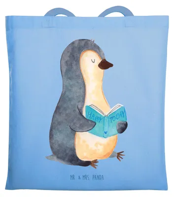 Produktbild von Mr. & Mrs. Panda Tote Bag Pinguin Buch - Sky Blue - Geschenk, Urlaub, Entspannen, Uni Tasche, Tragetasche, Pause, Unitasche, Nichtstun, Shopping, Ausruhen