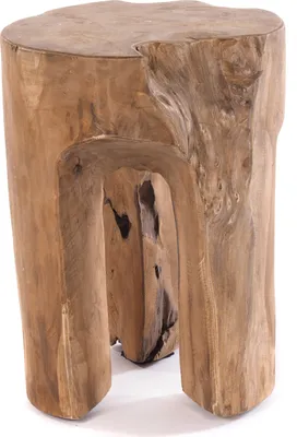 A close-up, studio shot of a wooden stool made from a tree trunk.