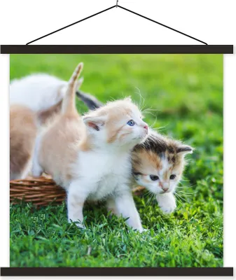 Produktbild von MuchoWow® Textilposter Kätzchen - Katze - Korb - Mädchen - Kinder - Jungen - Kinder 60x60 cm mit schwarzem Rahmen - Posteraufhänger