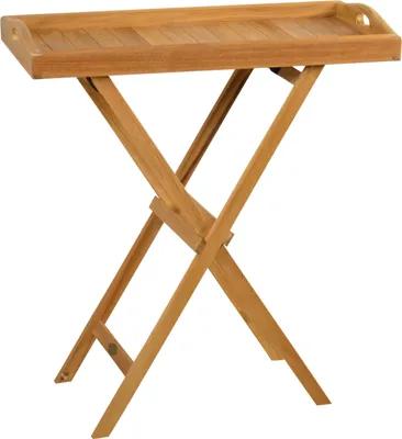A wooden serving table with a tray on a white background.
